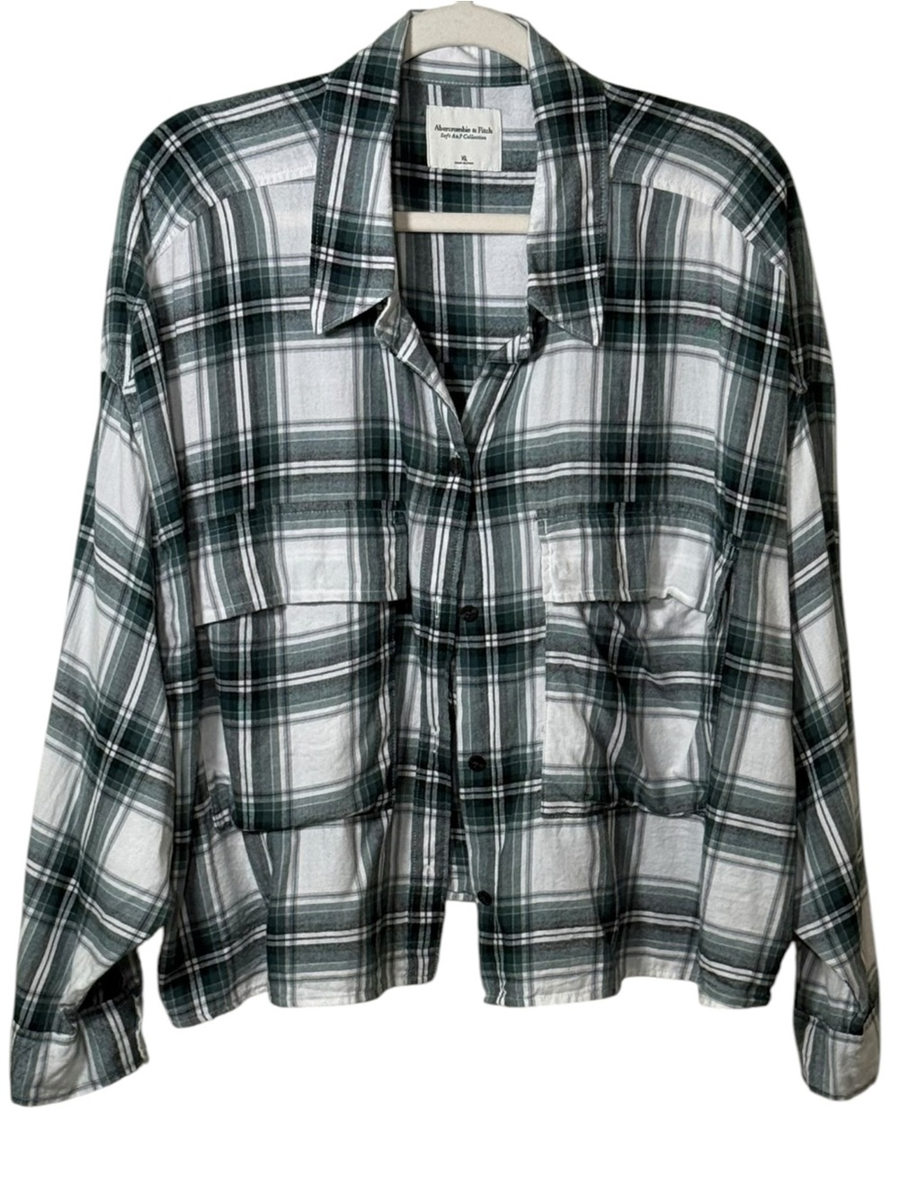 Abercrombie & Fitch Soft A&F Collection Cropped Button Down Green Plaid Shirt XL